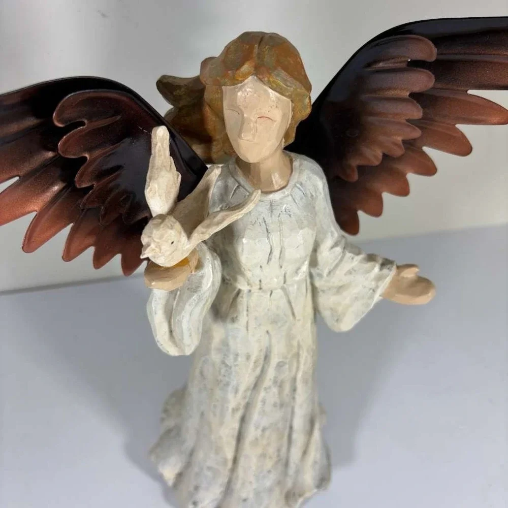 Angel‎ Sculpture Carved Wood Copper Metal Wings With Small Dove 11